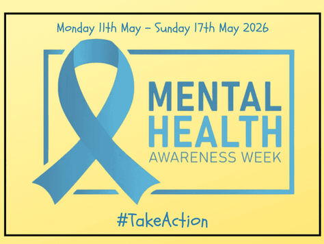 Blue ribbon and text "Mental Health Awareness Week," May 11-17, 2026, on a yellow background. Hashtag #TakeAction below.