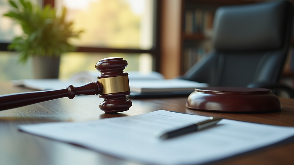 Close-up view of a gavel and legal documents on a desk