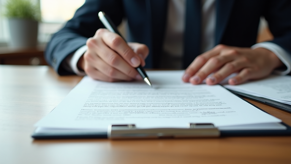 Close-up view of legal documents and a pen on a wooden desk