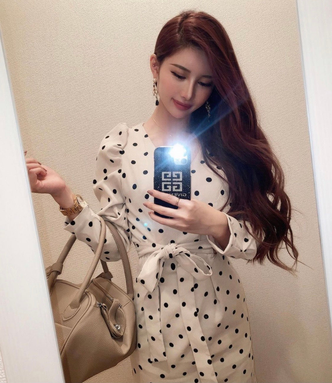 【大人気】バックリボンドット柄パフスリーブワンピース