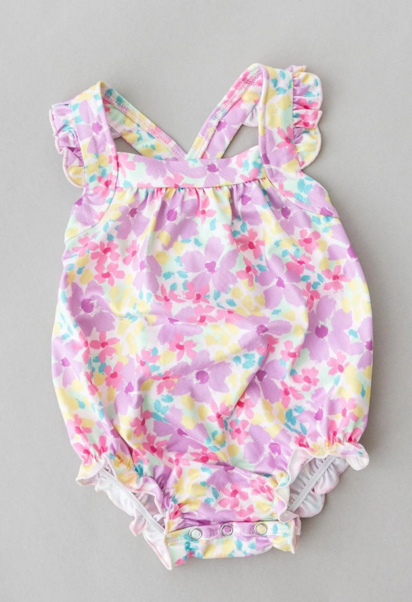 Summer Watercolor Ruffle Cross Back Infant Romper