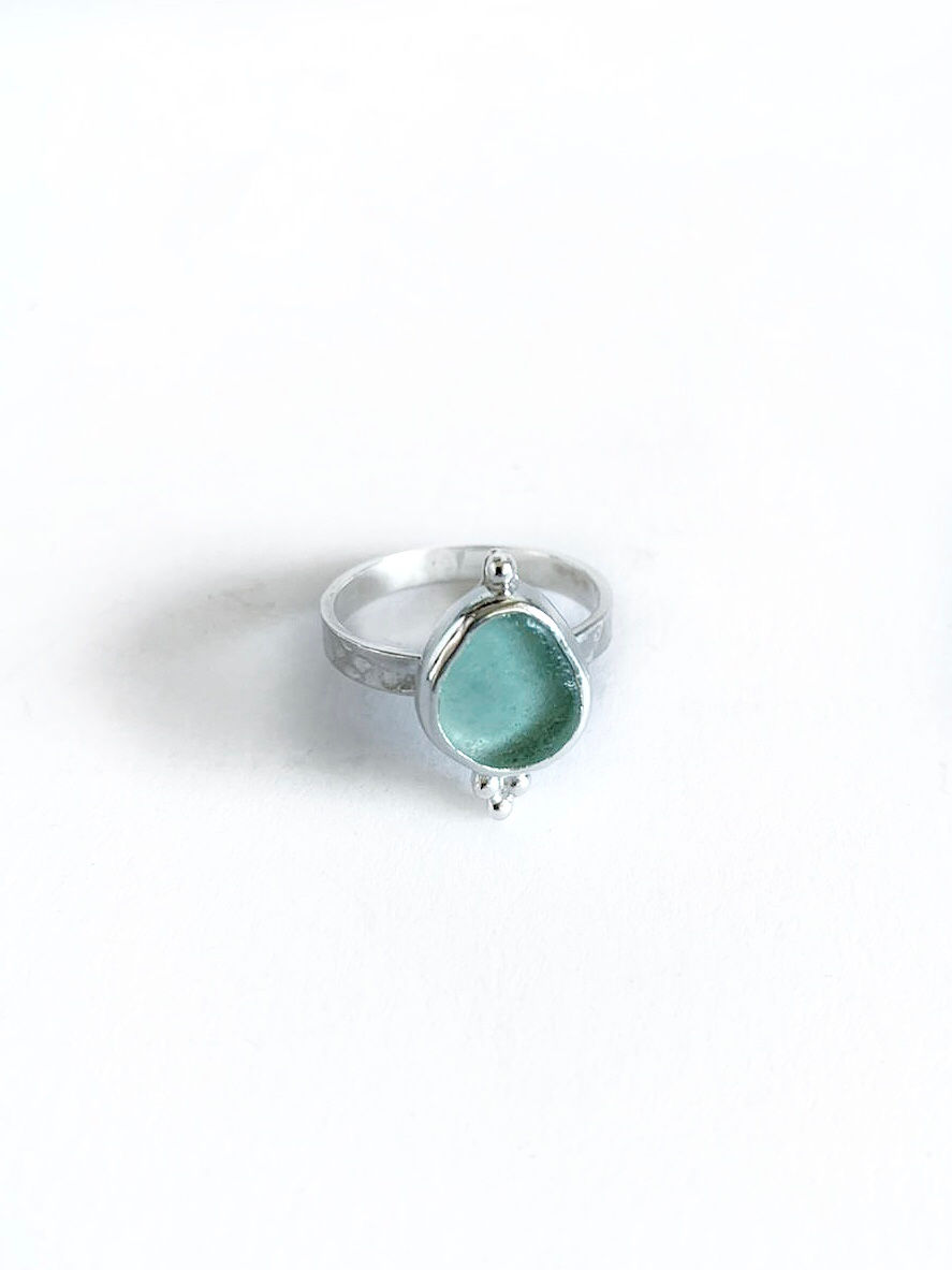 Thumbnail: aqua sea glass stirling silver ring