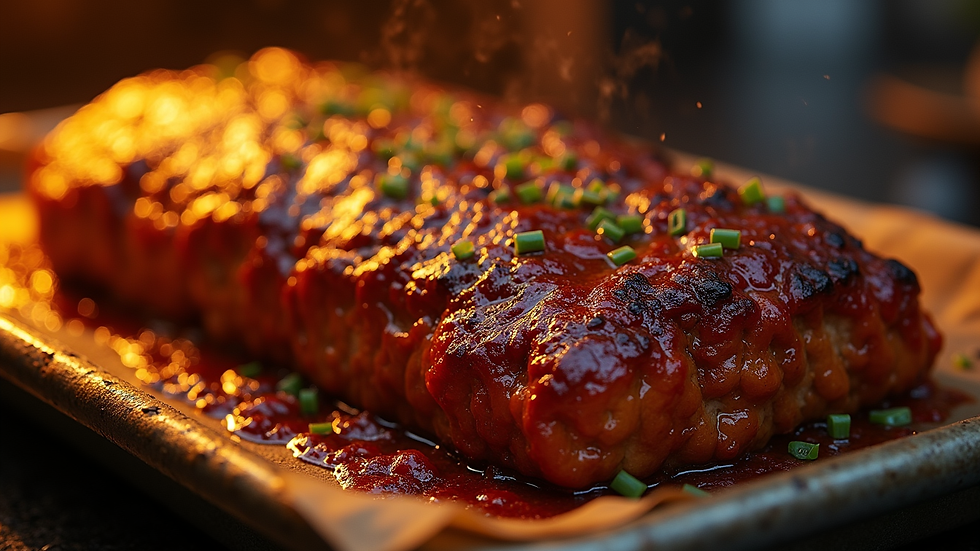 Close-up view of a glazed BBQ meatloaf fresh out of the oven