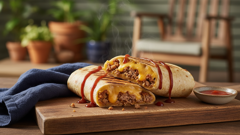 Close-up of grilled breakfast burritos with melted cheese and sausage