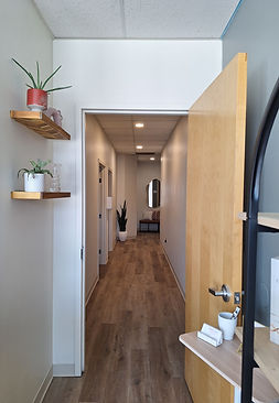 The front hallway of the Aesthetics for Women office, with natural light and shelves for plants