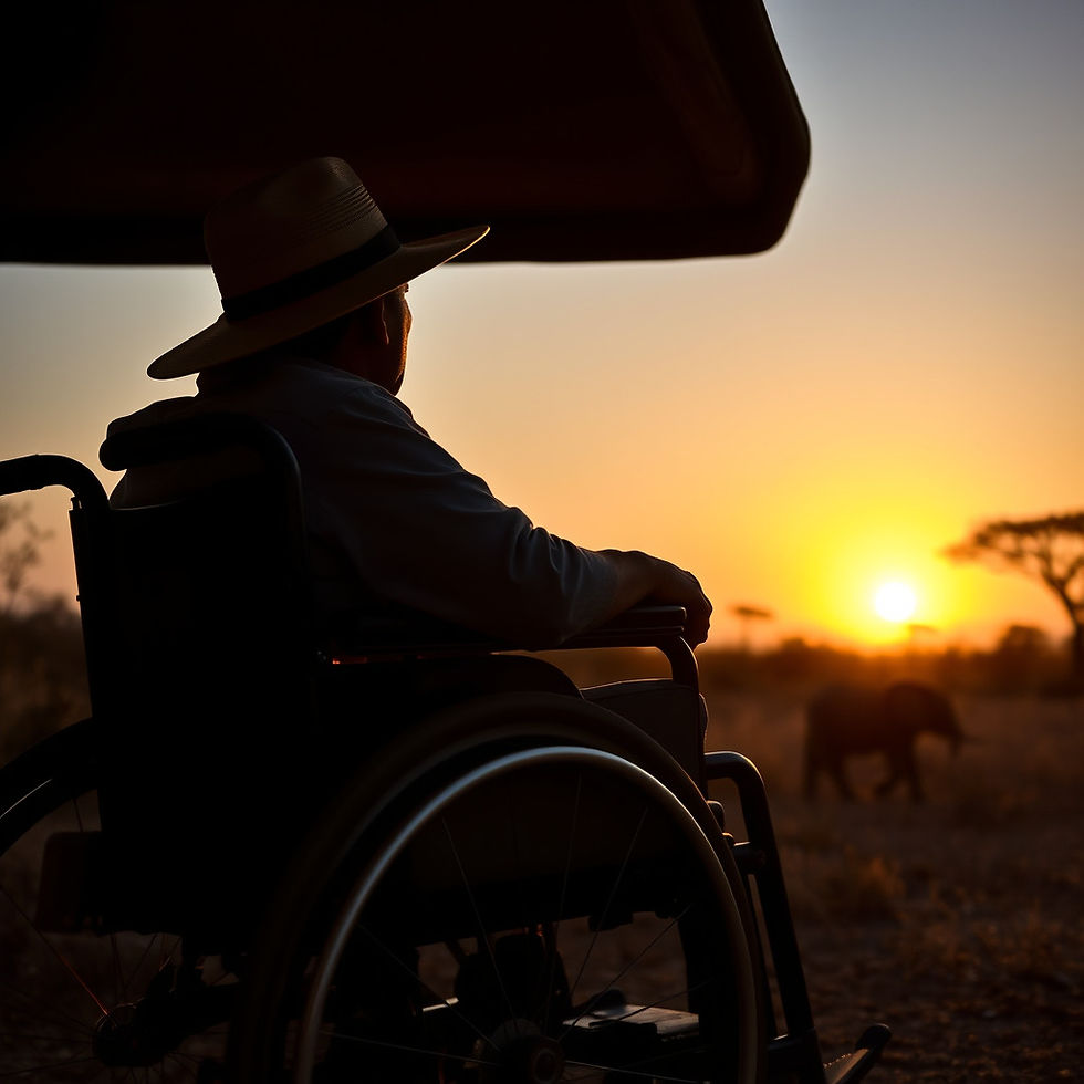 Image of a disabled person sitting in a wheelchair on a safari in africa while the sun is
