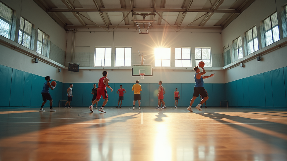 Eye-level view of a basketball court with players practicing