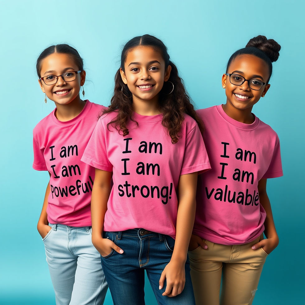Three young girls, wearing vibrant pink shirts with empowering messages, confidently express self-worth and positivity.