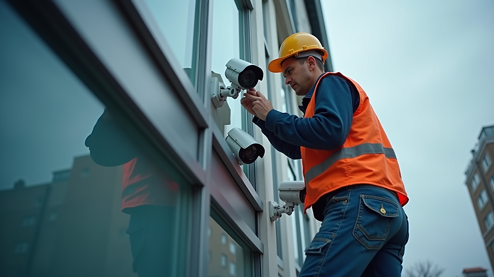 High angle view of a security technician installing CCTV cameras on a building exterior