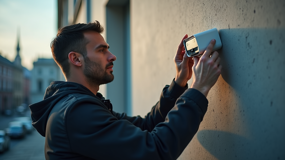High angle view of a security technician installing an alarm sensor