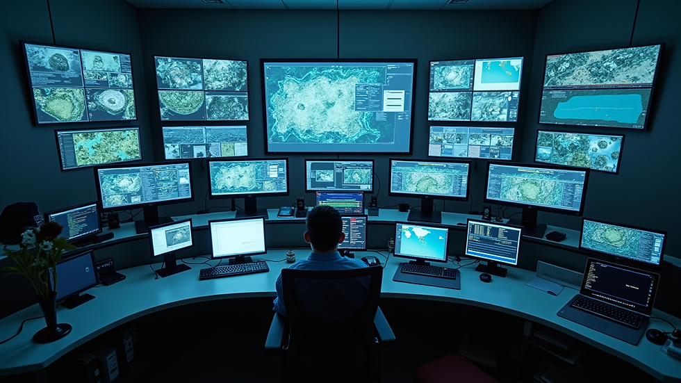 High angle view of a security control room with multiple monitors