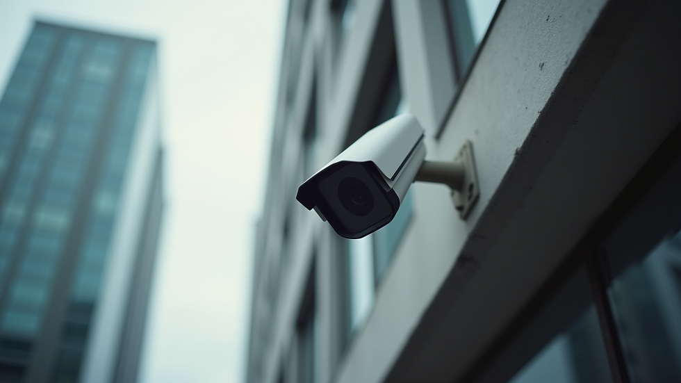 Close-up view of a security camera mounted on a building exterior