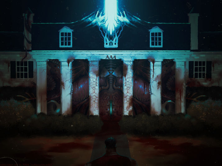 A paintings featuring the front of a fraternity that has been warped to have human organs growing out of it and a teal laser beam extending through the roof