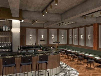 Cinema concept design for Everyman Cinema Broadgate by Muzo Design, showing bar counter and lounge seating with moody lighting