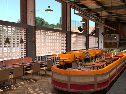 3D visuals for Nando's restaurant concept design by Muzo Design, featuring woven-backed banquette seat in orange