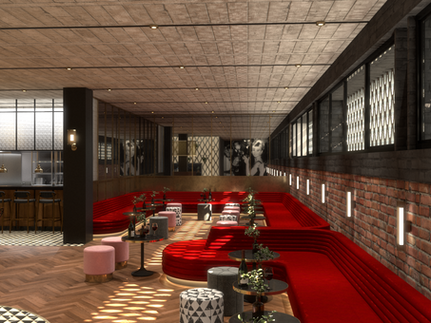 Cinema concept design for Everyman Cinema Manchester by Muzo Design, featuring red velvet banquette seating in a mid-century lounge