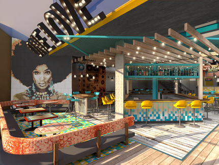 3D visuals for Caribbean restaurant design concept by Muzo Design, featuring African women picture and bar lounge