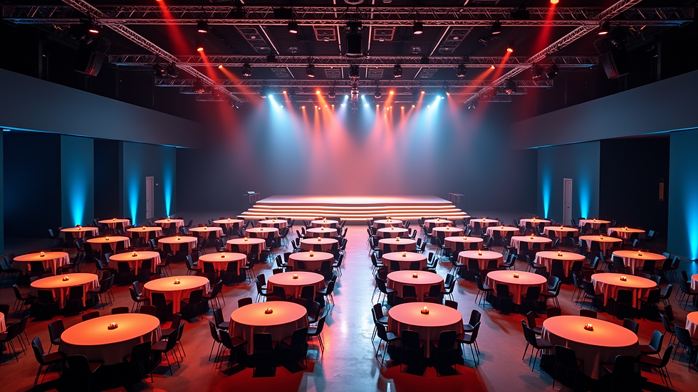 High angle view of a corporate event space with tables and stage setup