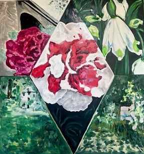 quadro a olio su tela
misura grande figurativo
genere botanico fiori rossi bianchi verde