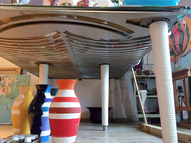 steel table, large table original steel design, glass top, ceramic legs