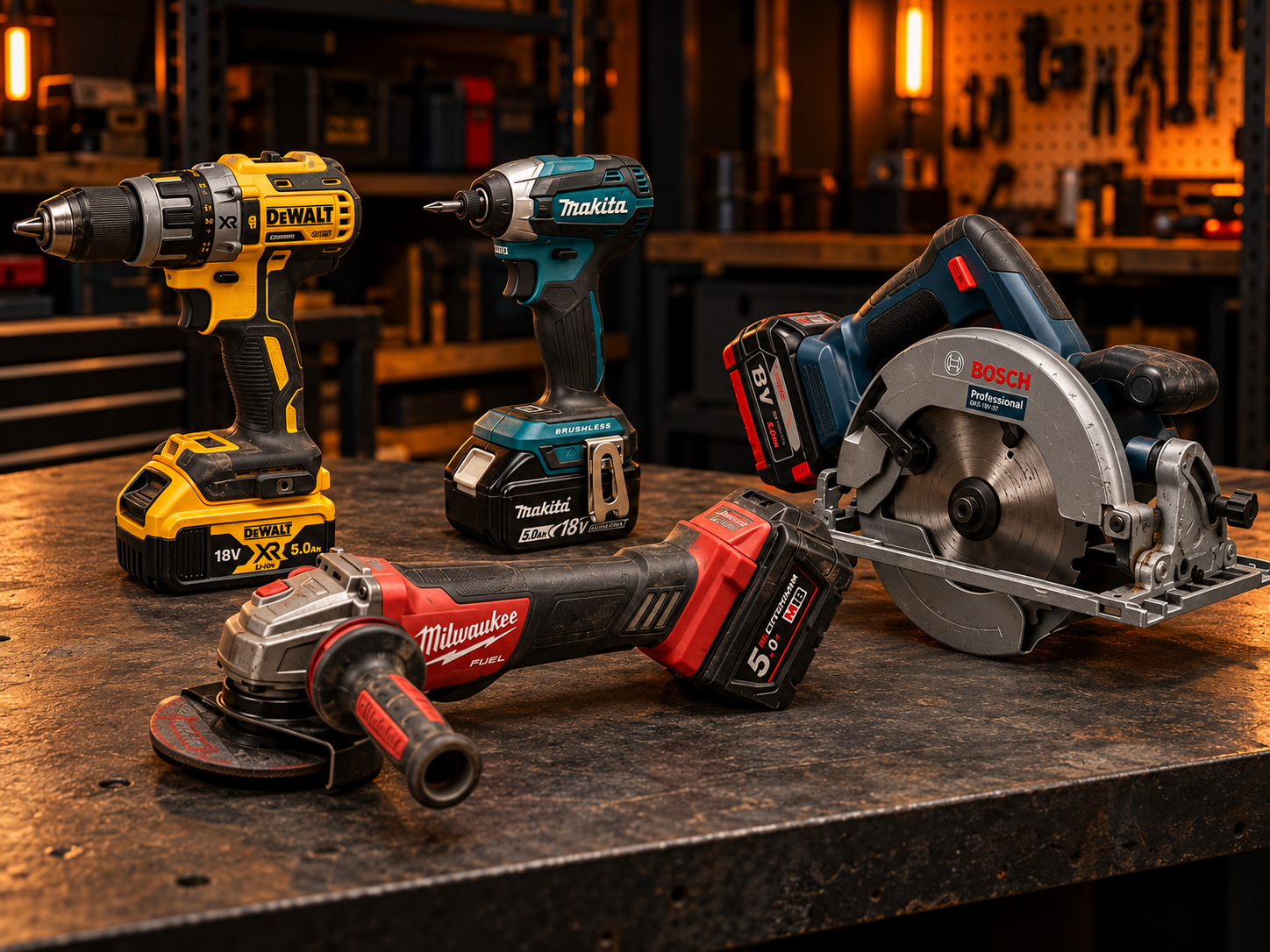 DeWalt, Makita, Milwaukee and Bosch tools arranged for comparison