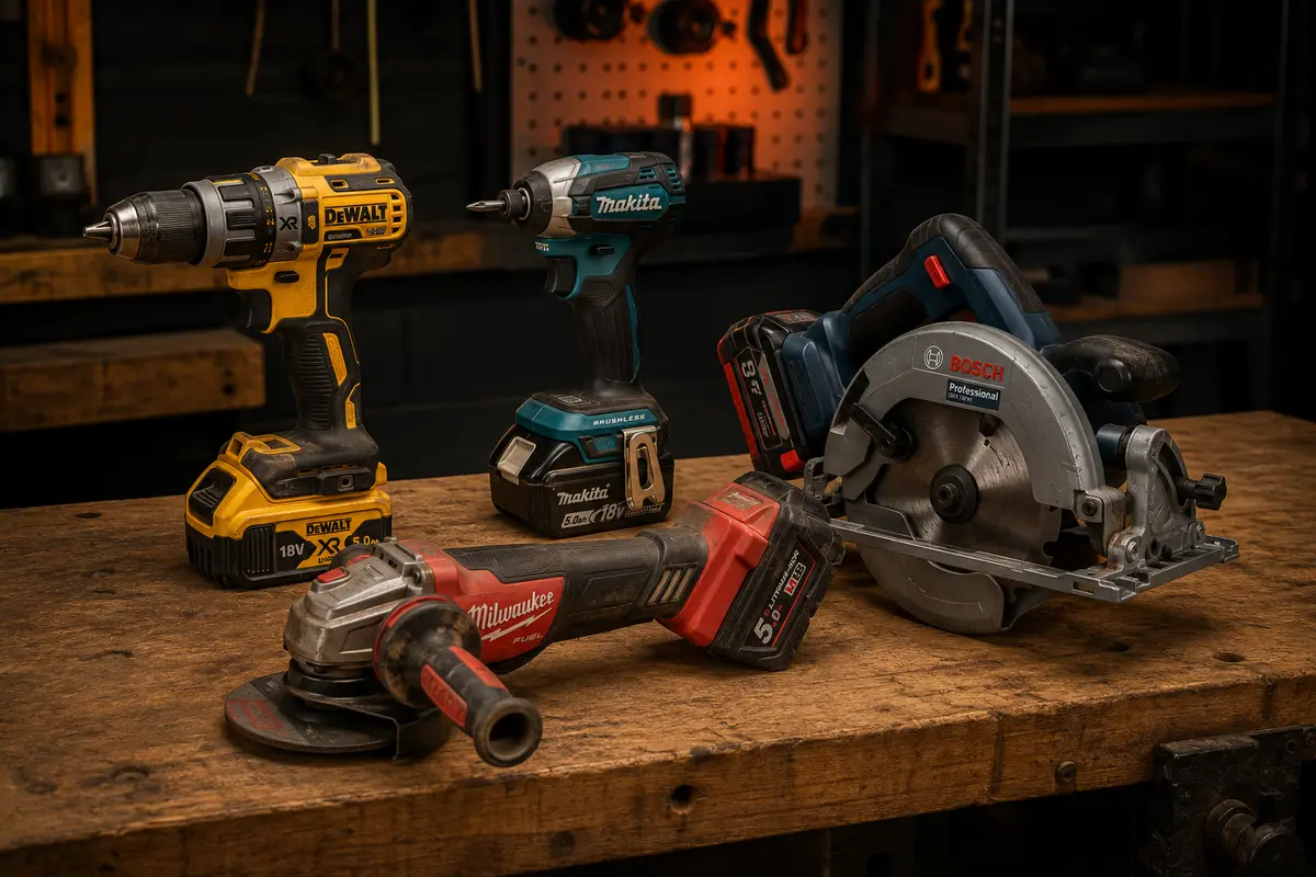 DeWalt, Makita, Milwaukee and Bosch power tools on a workshop bench