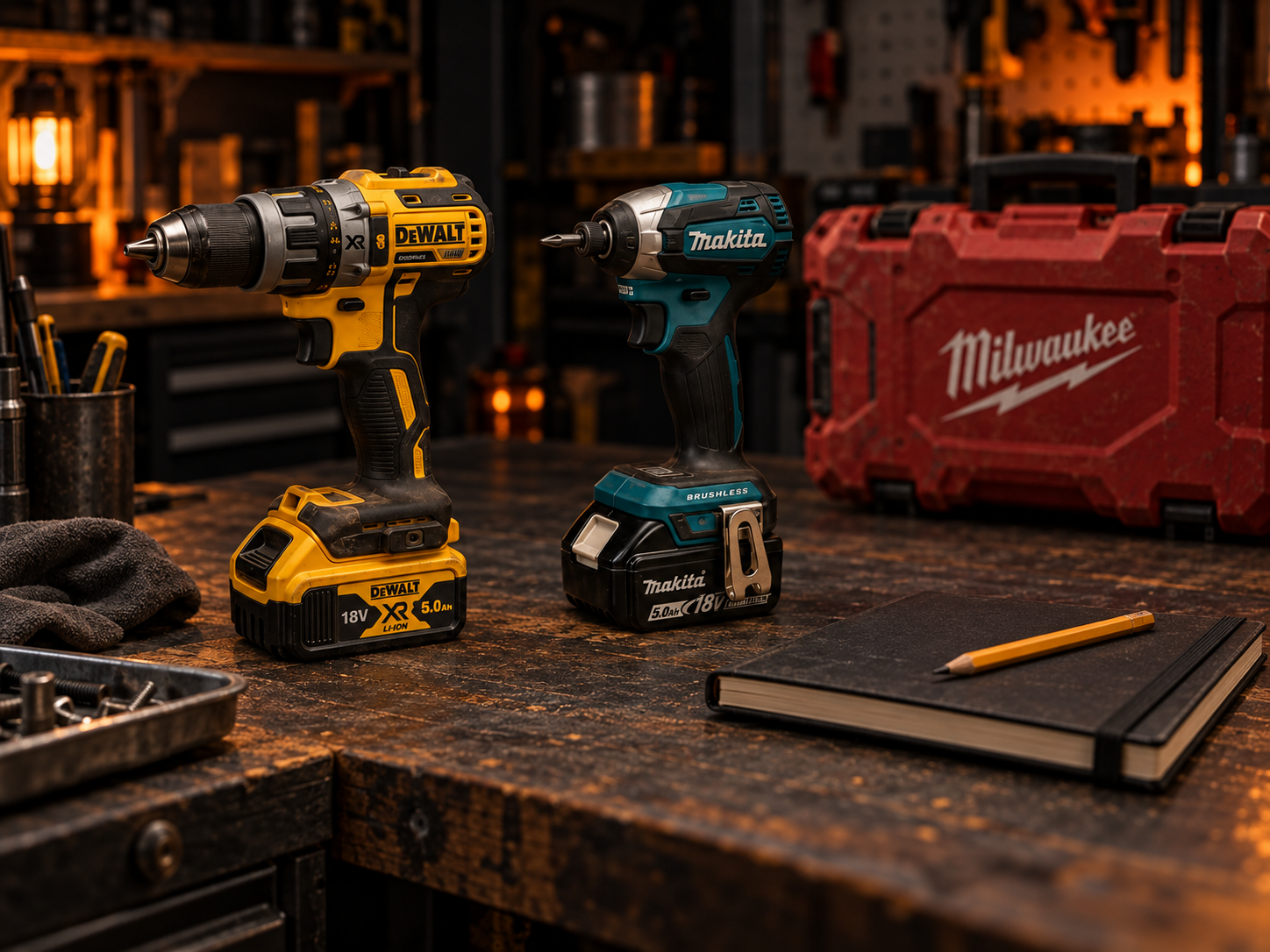 DeWalt and Makita tools beside a research notebook in a workshop