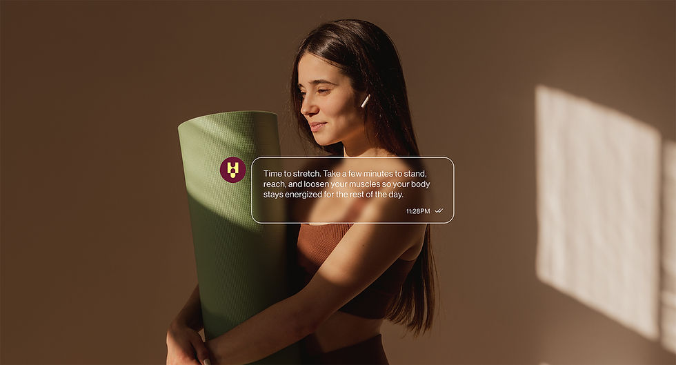 Women with yoga mat and text alert over top
