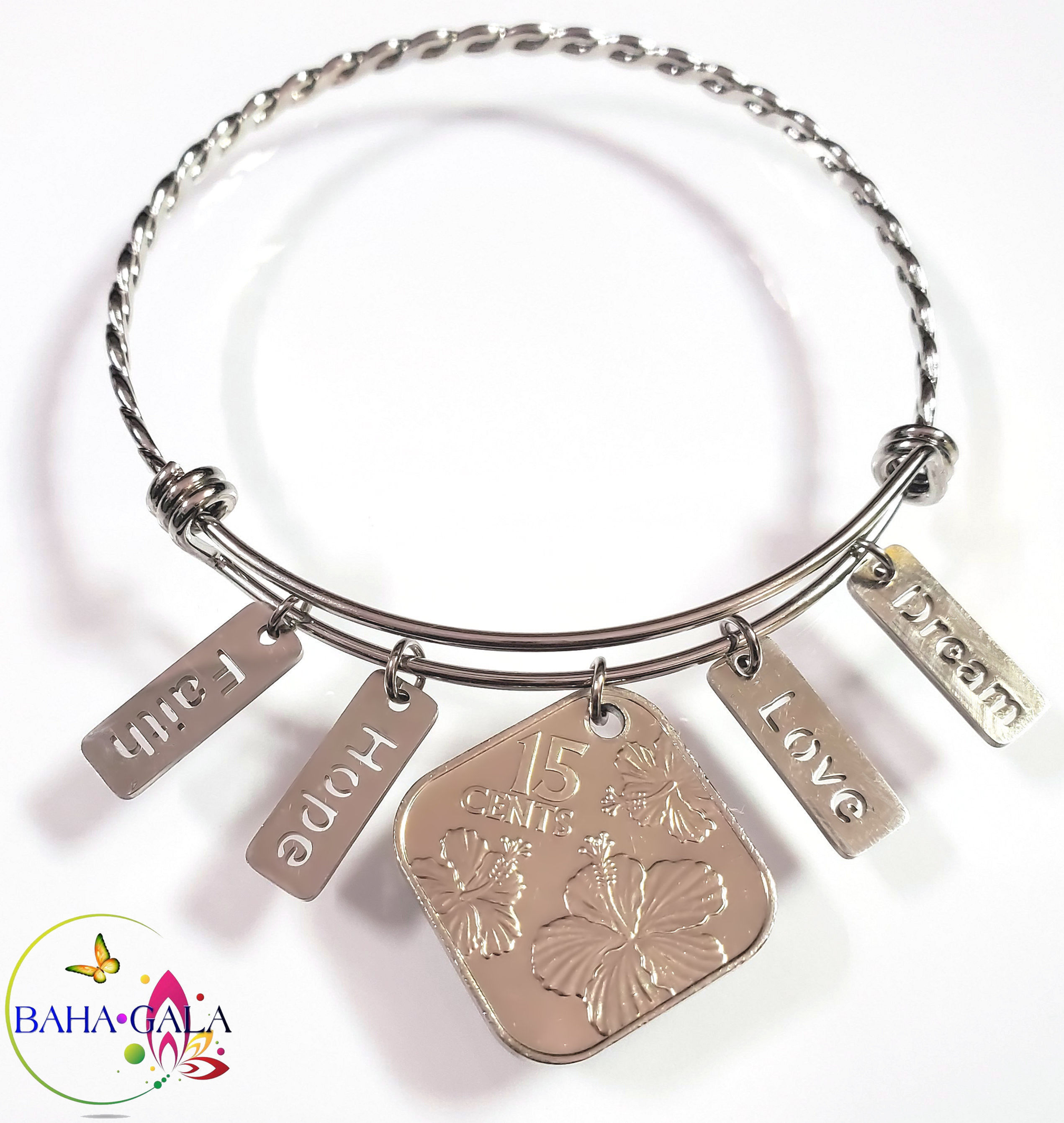 Bahamian Coin "Inspire" Stainless Steel "Butterfly Twist" Adjustable Bangle.