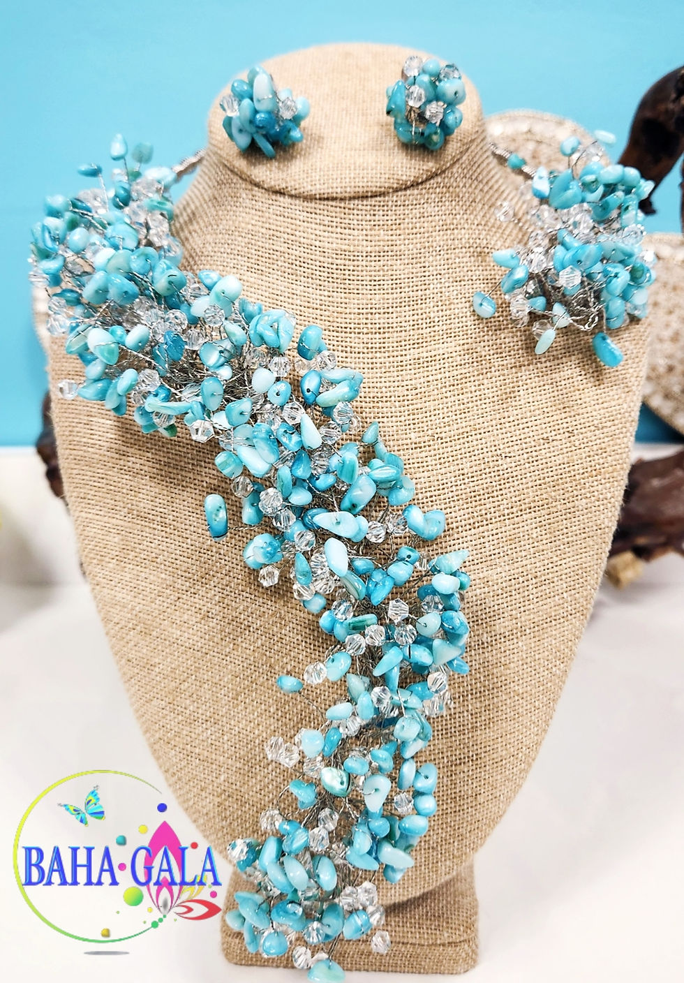 Thumbnail: Gorgeous Dyed Turquoise Mother of Pearl & Crystals Crown Necklace.