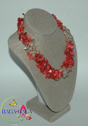 Thumbnail: Dyed Red Mother Of Pearl Chips & Crystals Necklace & Earrings Set.