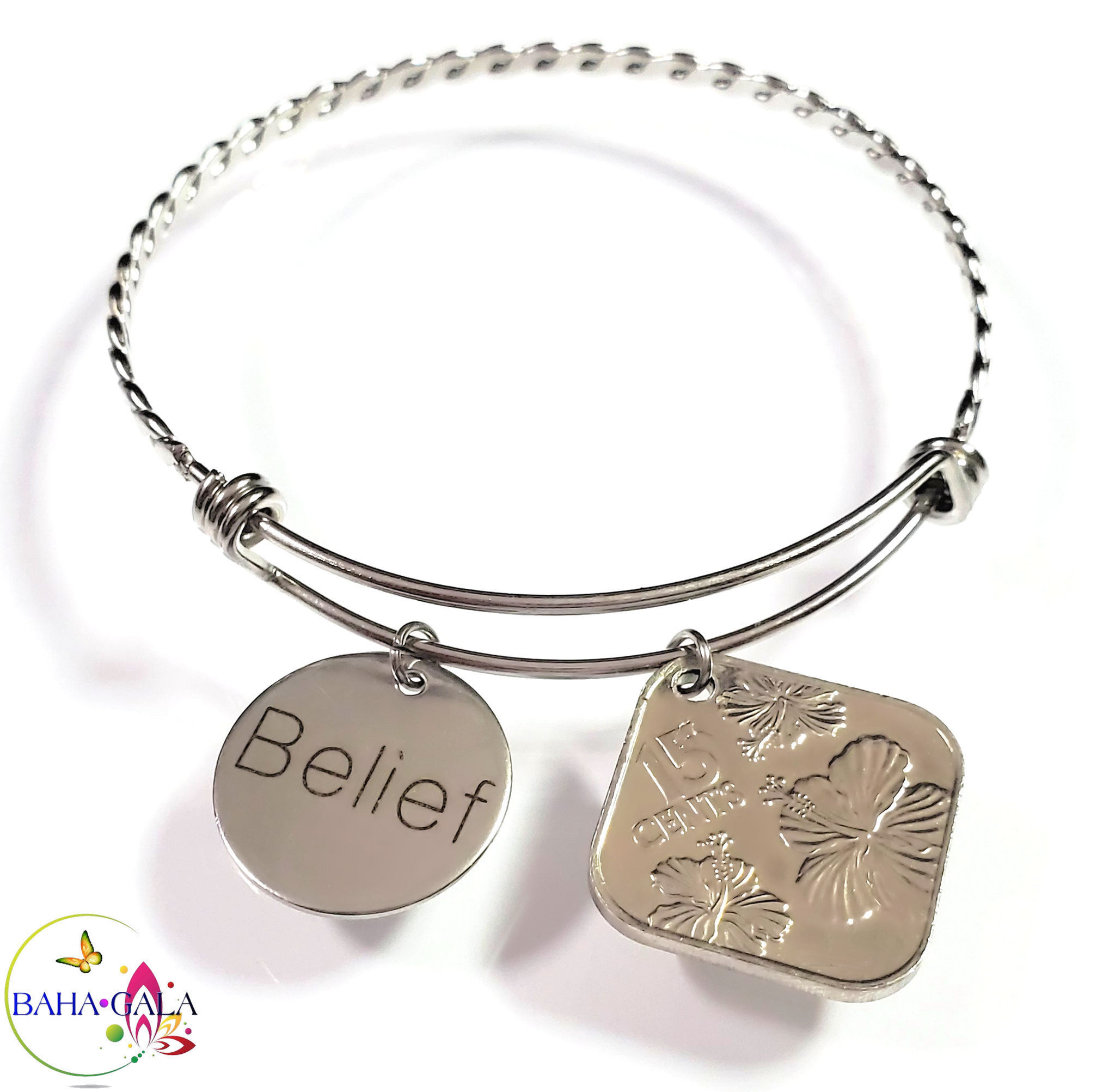 Bahamian Coin "Inspire" Stainless Steel "Butterfly Twist" Adjustable Bangle.