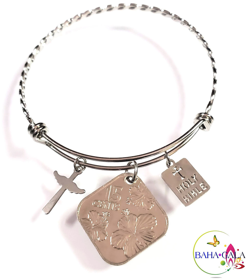 Bahamian Coin "Inspire" Stainless Steel "Butterfly Twist" Adjustable Bangle.