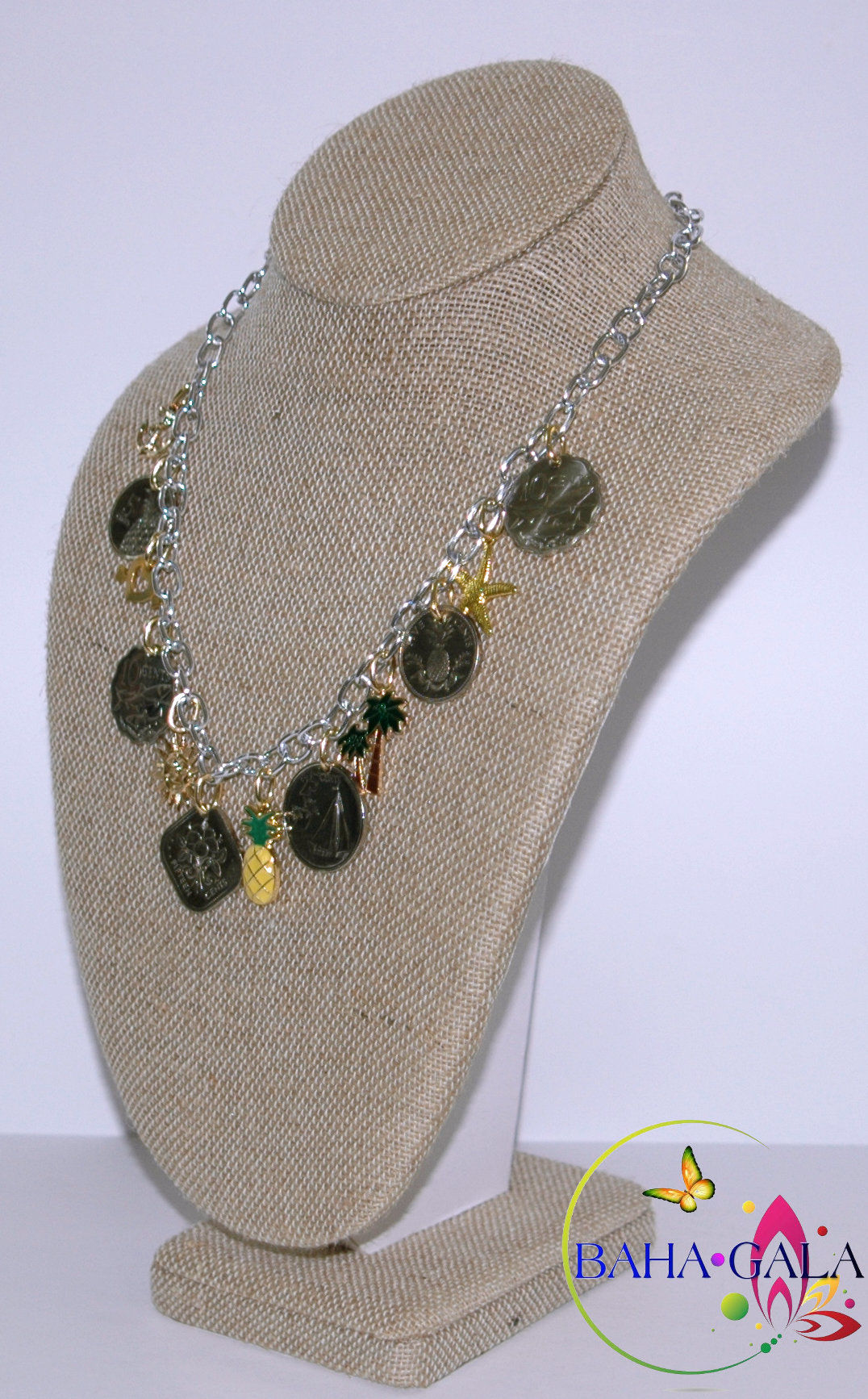 Authentic Bahamian Coins & Charm Necklace & Earring Set.