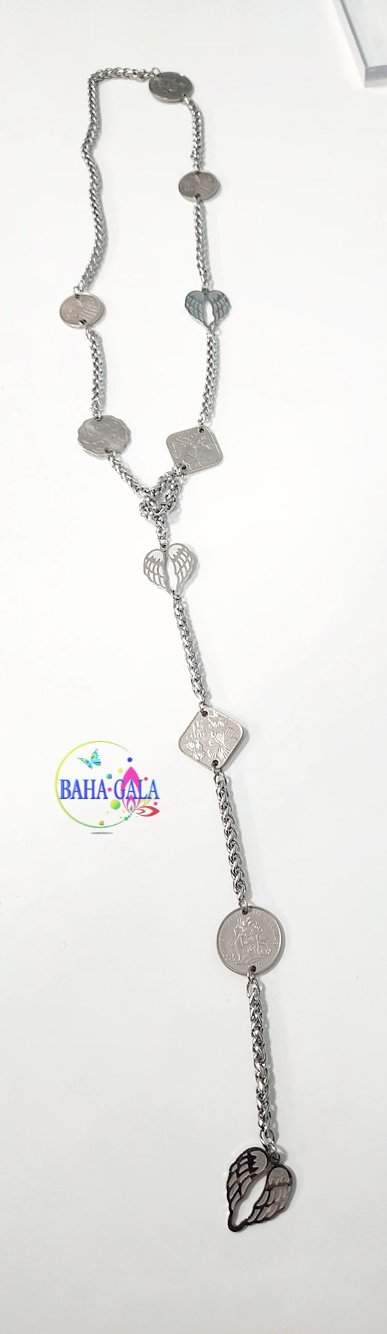Thumbnail: Stainless Steel Lariat Necklace. Accented With Authentic Bahamian Coins.