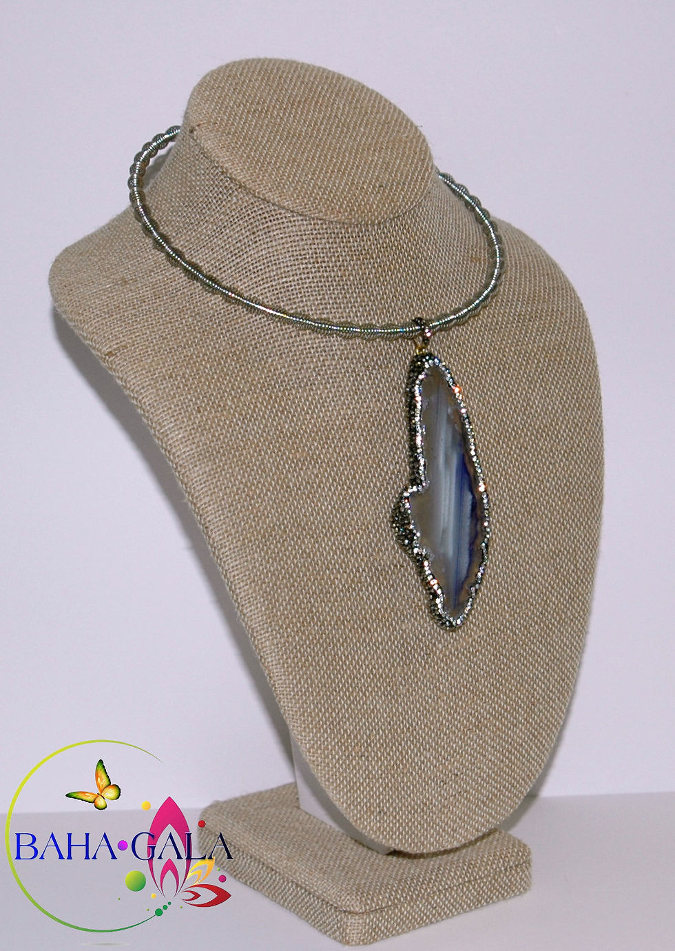 Thumbnail: Natural Agate Pendant on Stainless Steel Collar Necklace.