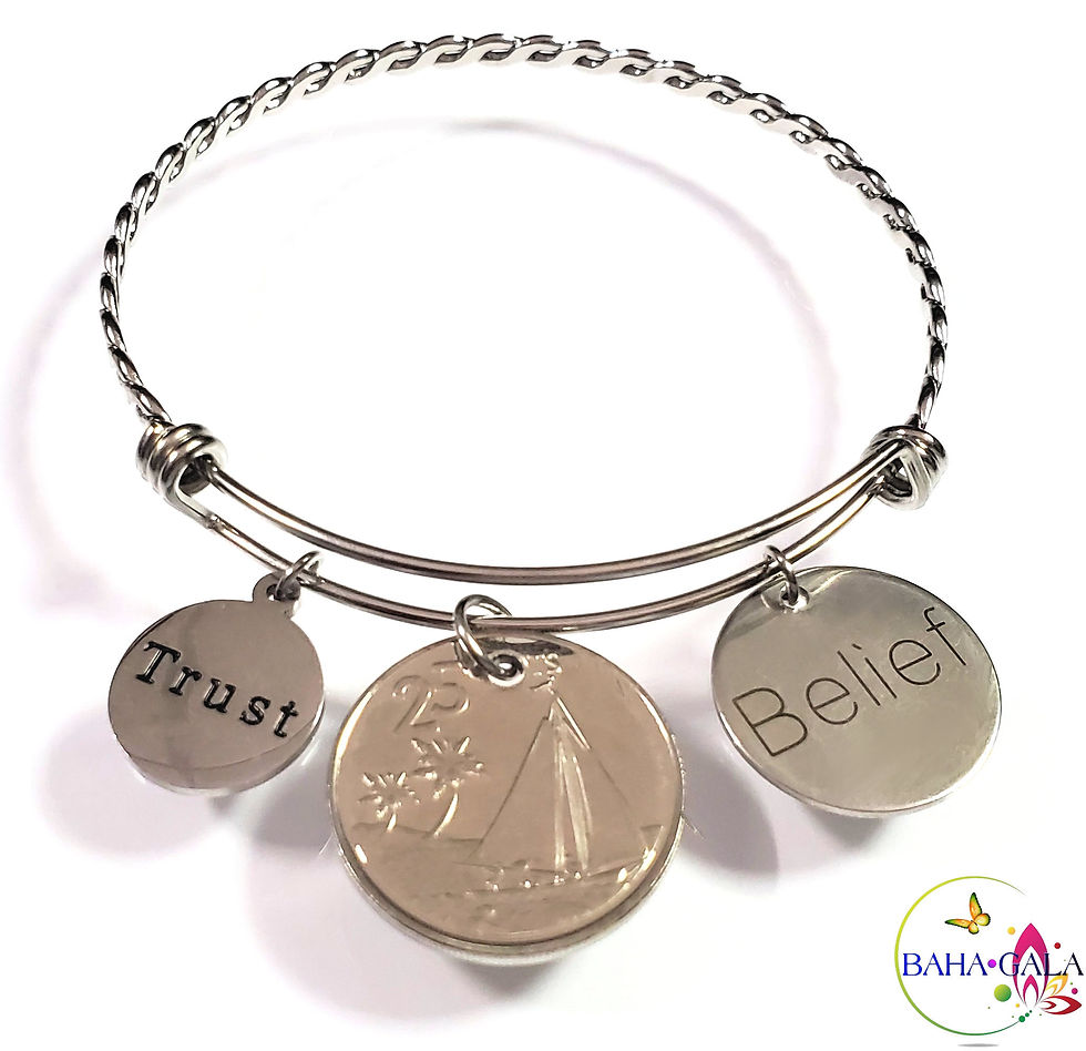 Thumbnail: Bahamian Coin "Inspire" Stainless Steel "Butterfly Twist" Adjustable Bangle.