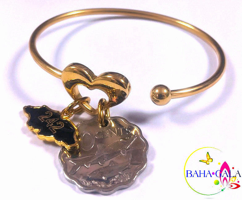 Thumbnail: Stainless Steel Heart Bangle With Bahamian $0.10 Cent Coin & Charms