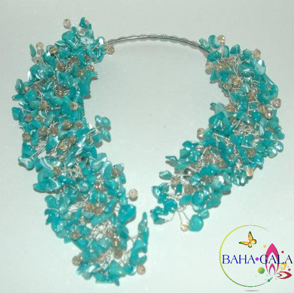 Thumbnail: Turquoise Mother Of Pearl Chips "Crown Jeweled" Necklace & Earring Set.