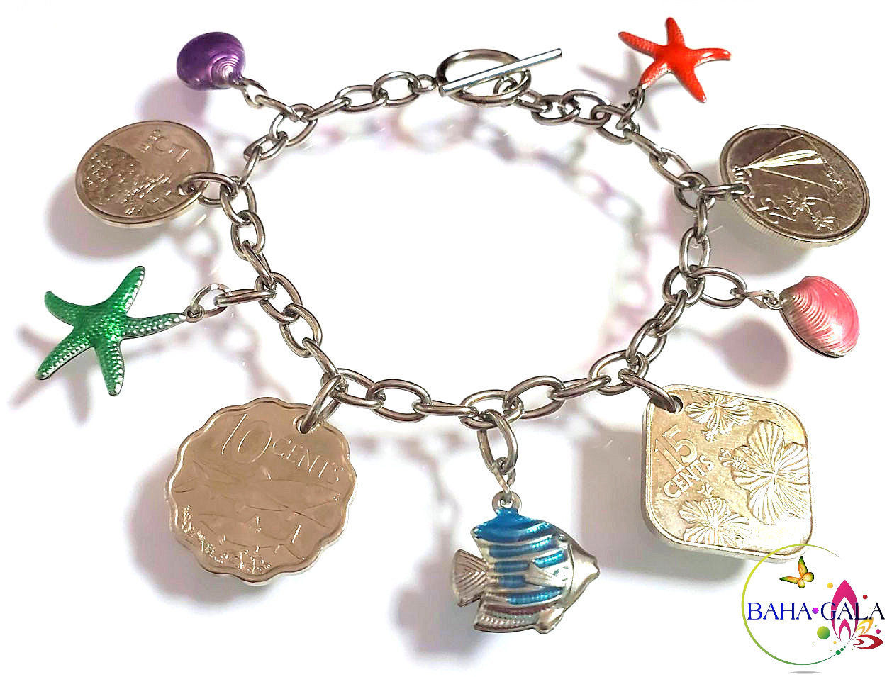 Authentic Bahamian Coins & Charm Stainless Steel Bracelet.