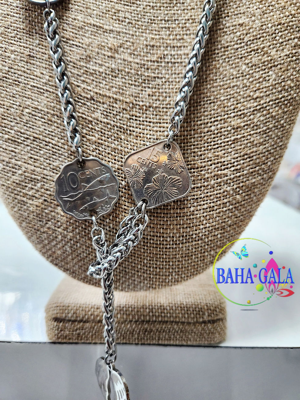 Thumbnail: Stainless Steel Lariat Necklace. Accented With Authentic Bahamian Coins.
