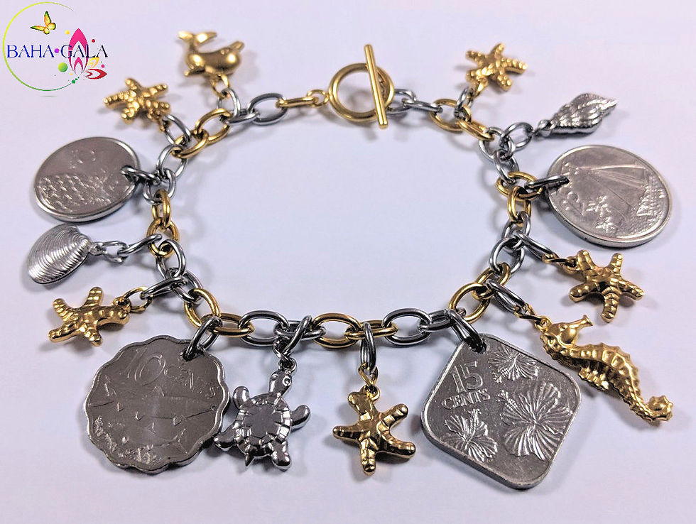 Thumbnail: Authentic Bahamian Coins & Stainless Steel "Aquatopia" Charm Bracelet.