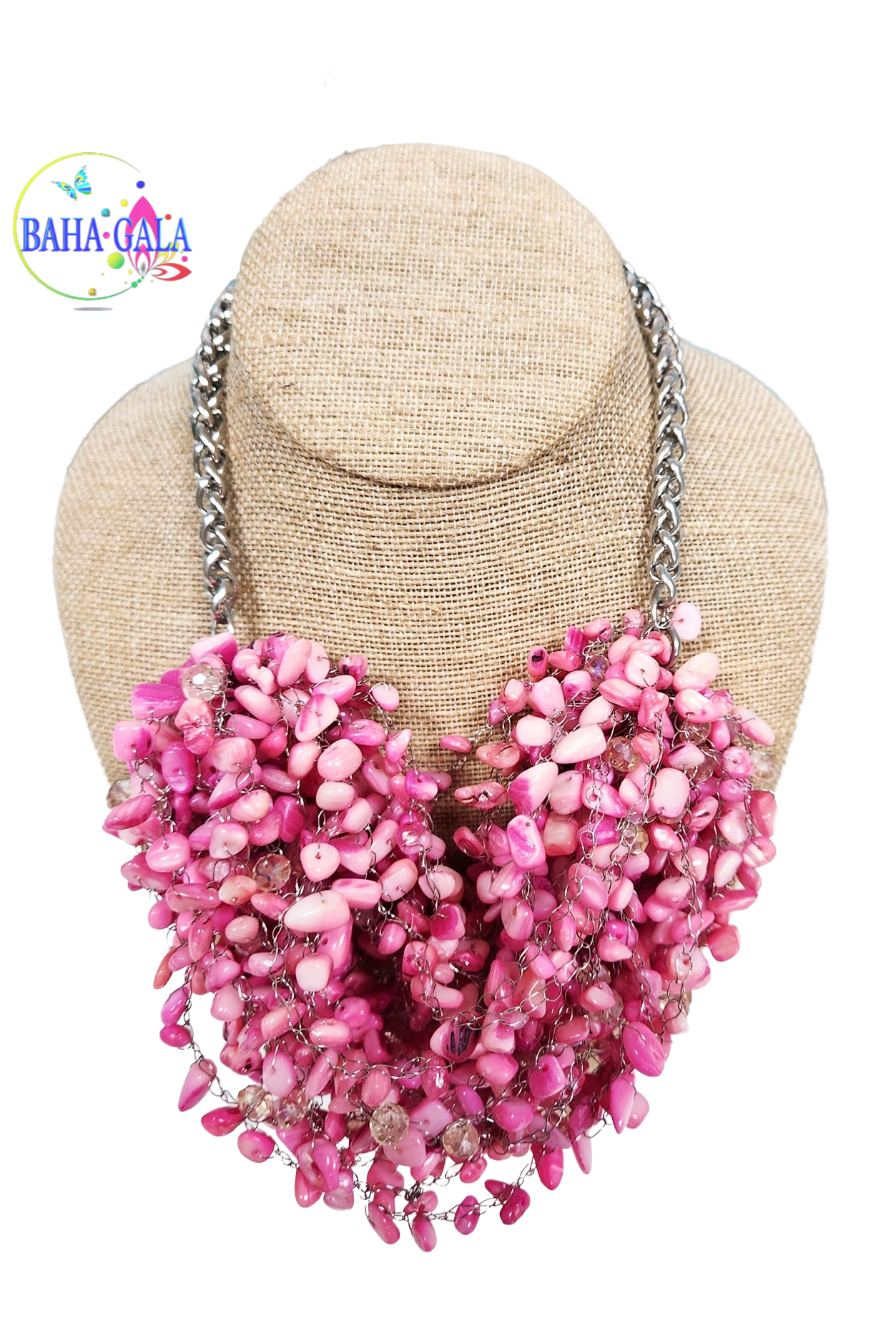 Dyed Fuchsia Mother of Pearl Chips - Crocheted Multistrand Necklace  Se