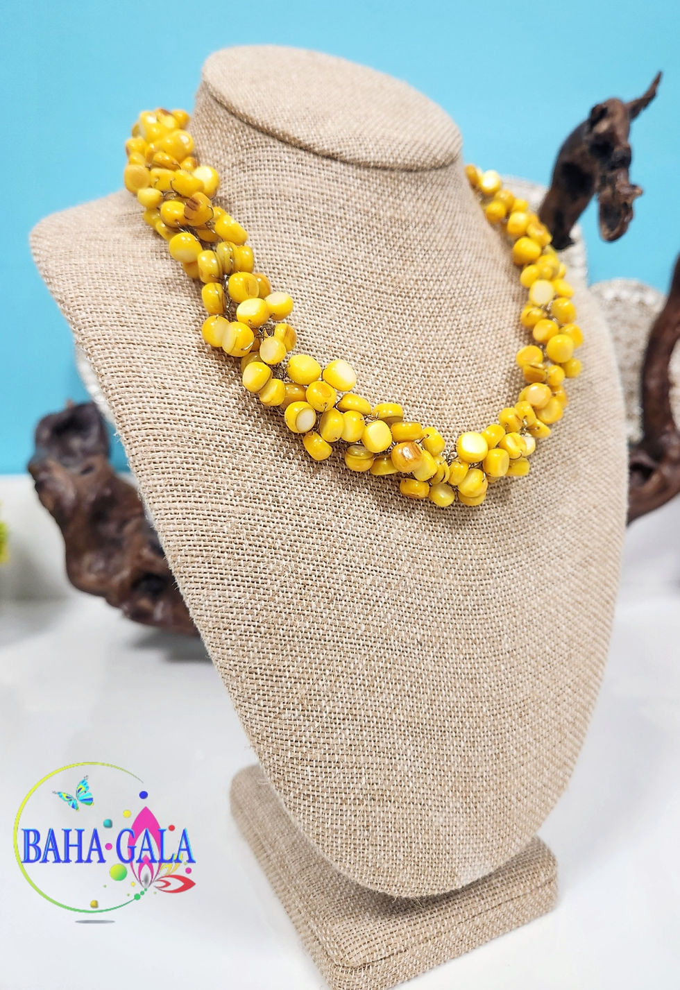 Thumbnail: Canary Yellow Mother of Pearl Crocheted Necklace Set.