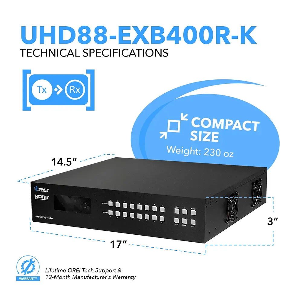 الصورة المصغرة: OREI UHD88-EXB400R-K 4K 8x8 HDMI Matrix Switcher Extender & HDBaseT Over CAT5e/6