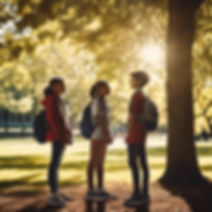two middle school students talking while standing in a group of other students in a park w