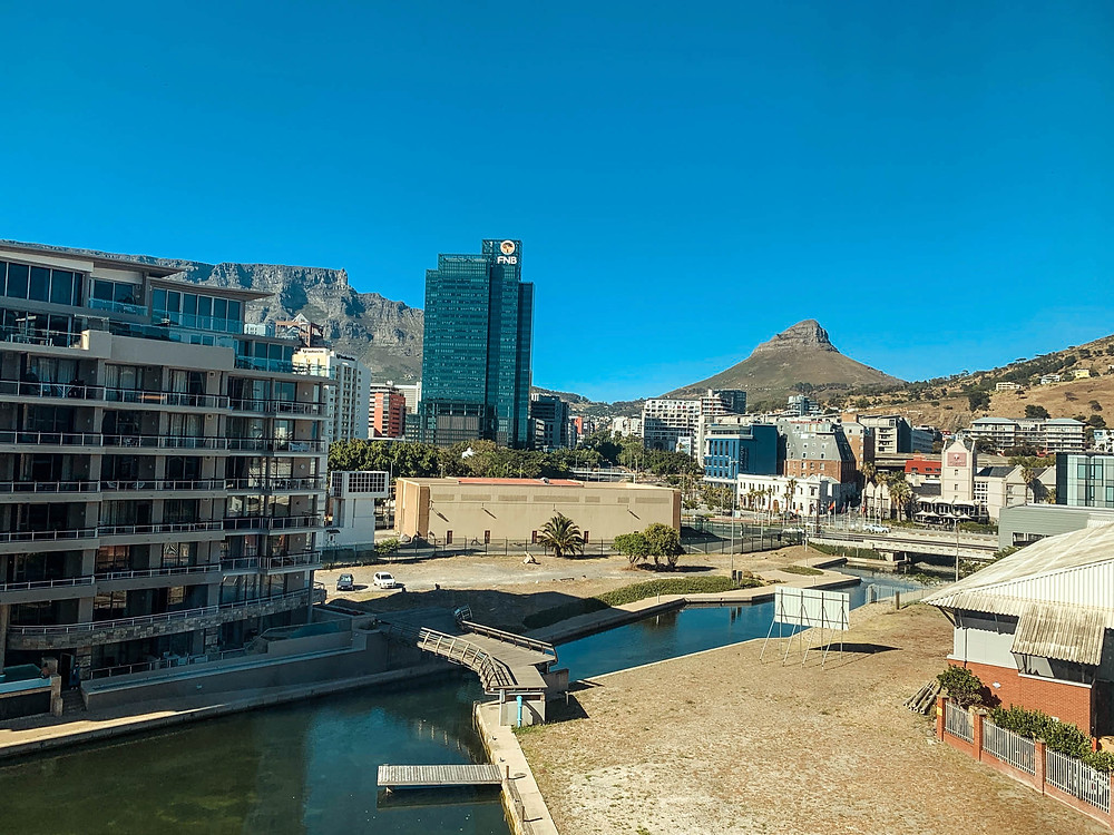 Morning hotel views of Cape Town - Table Mountain to the left and Lion's Head to the right