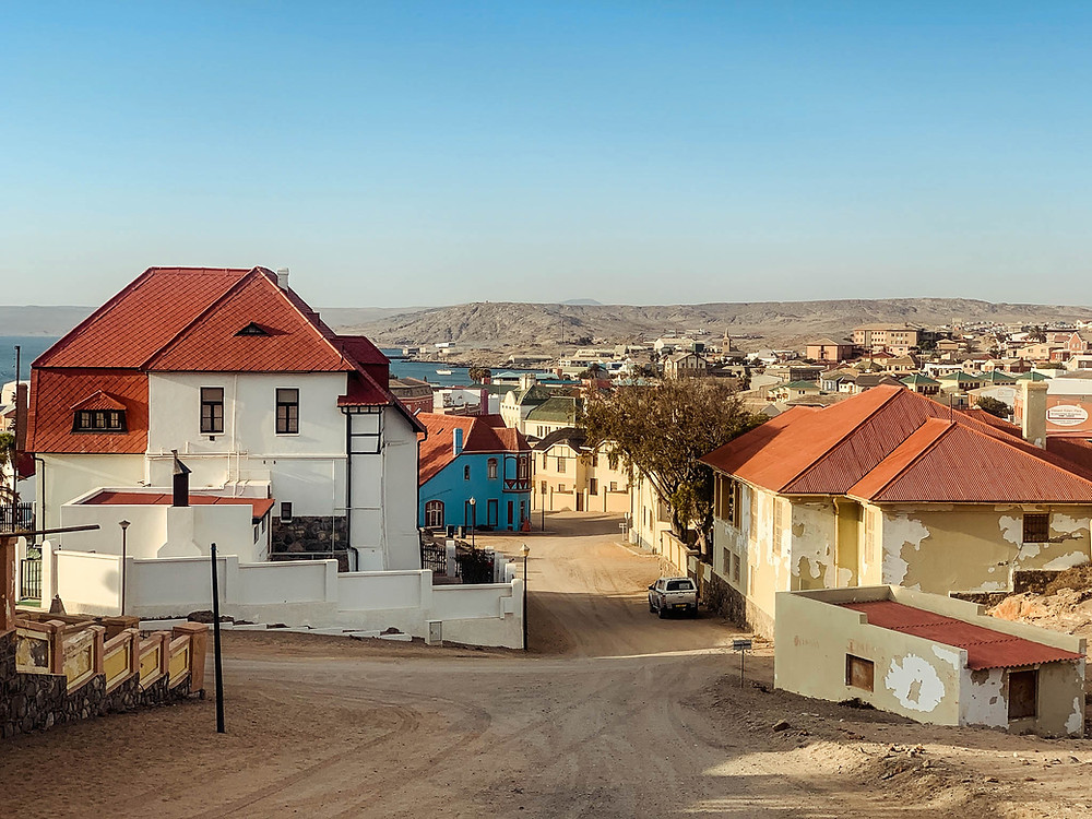 A hilltop view overlooking Luderitz and its bay