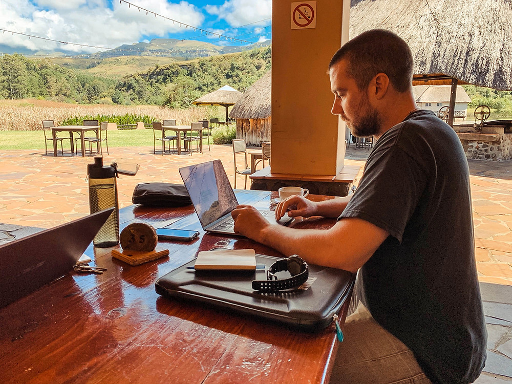Working outside the Dragon Peaks bar and restaurant - great views!