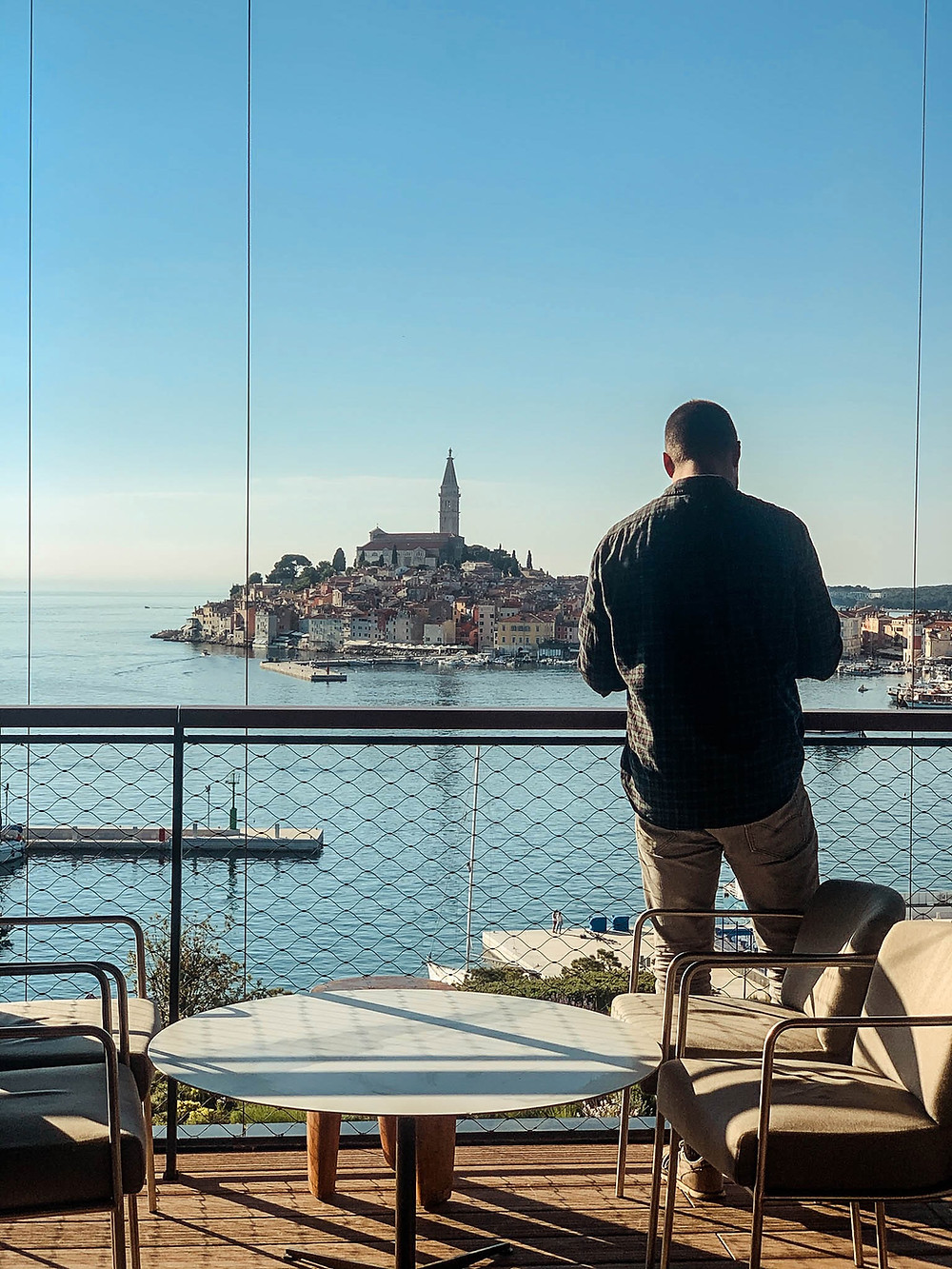 Cocktails looking back towards Rovinj's old walled city
